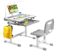 COSTWAY Bureau Enfant Garçon Fille avec Chaise & Plateau Incliné, Table et Chaise Enfant avec Hauteur Réglable & Éclairage à 3 Niveaux, Support de Livre, Tiroir, Charge 80/100kg pour 6-12 Ans