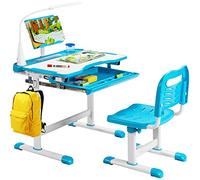 COSTWAY Bureau Enfant Garçon Fille avec Chaise & Plateau Incliné, Table et Chaise Enfant avec Hauteur Réglable & Éclairage à 3 Niveaux, Support de Livre, Tiroir, Charge 80/100kg pour 6-12 Ans, Bleu