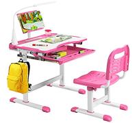 COSTWAY Bureau Enfant Garçon Fille avec Chaise & Plateau Incliné, Table et Chaise Enfant avec Hauteur Réglable & Éclairage à 3 Niveaux, Support de Livre, Tiroir, Charge 80/100kg pour 6-12 Ans, Rose
