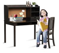 COSTWAY Bureau Enfant Garçon Fille avec Chaise & Tableau d'Affichage en Liège, Table et Chaise Enfant en Bois avec Étagère Réglable & 3 Tiroirs, Charge 80/100kg pour Tout-Petits de 5-12 Ans (Noir)