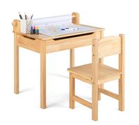 COSTWAY Bureau Enfants avec Tabouret & Plateau Rabattable, Table à Dessin en Pin Polyvalent avec Rouleau de Papier & 2 Marqueurs, Espace Caché, Poignées Découpées pour Enfants de 3 Ans+