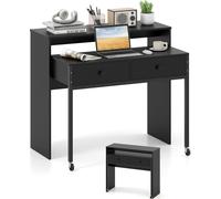 COSTWAY Bureau extensible, Petite table d'ordinateur avec 2 tiroirs, cadre métallique & roulettes, table de bureau, table de travail, table PC 100x63x88 cm Noir