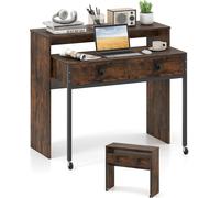 COSTWAY Bureau extensible, Petite table d'ordinateur avec 2 tiroirs, cadre métallique & roulettes, table de bureau, table de travail, table PC 100x63x88 cm Naturel