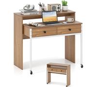COSTWAY Bureau extensible, table d'ordinateur avec 2 tiroirs, cadre métallique&roulettes, table de bureau, table de travail, table PC 100x63x88 cm Brun rustique
