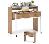 COSTWAY Bureau Extensible, Table d'Ordinateur Gain de Place avec Tiroirs, Bureau Console en Bois Compacte avec roulettes pour Salon, Chambre (Naturel)