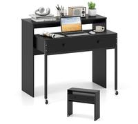 COSTWAY Bureau Extensible, Table d'Ordinateur Gain de Place avec Tiroirs, Bureau Console en Bois Compacte avec roulettes pour Salon, Chambre (Noir)