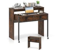 COSTWAY Bureau Extensible, Table d'Ordinateur Gain de Place avec Tiroirs, Bureau Console en Bois Compacte avec roulettes pour Salon, Chambre (Marron Rustique)