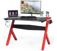COSTWAY Bureau Gamer pour E-Sport avec Porte-Gobelet,Tapis de Souris,Support pour Ecouteurs en Fibre de Carbone et Cadre en Acier