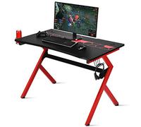 COSTWAY Bureau Gaming,Bureau de Jeu pour Gamer en MDF+Tubes en Acier avec 1 Porte-Gobelet et 1Porte-Ecouteurs 115x66x77cm Noir Rouge