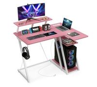 COSTWAY Bureau Gaming d'angle 107 x 80 cm, Bureau d'ordinateur en Forme de L avec Support d'écran, 2 Prises Électriques et 2 Ports USB, Table Gaming en Fibre de Carbone avec Rangement (Rose)