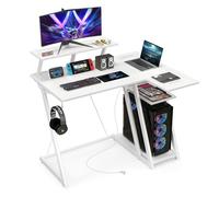 COSTWAY Bureau Gaming d'angle 107 x 80 cm, Bureau d'ordinateur en Forme de L avec Support d'écran, 2 Prises Électriques et 2 Ports USB, Table Gaming en Fibre de Carbone avec Rangement (Blanc)