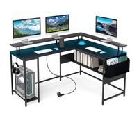 COSTWAY Bureau Gaming d'angle 146 x 115 cm avec Lumières LED, 4 Prises Intégrées, 2 Ports USB, 1 Type-C, Bureau en L avec Rangement, Support pour Moniteur, Table Gamer pour Jouer, Travailler, Noir