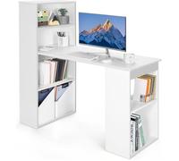 CostwayBureau D'ordinateur avec Bibliothèque Bureau D'écriture Compact de 120 Cm avec Étagères de Rangement à 6 Niveaux Poste de Travail avec Base pour Blanc