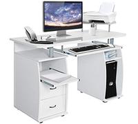 COSTWAY Bureau Informatique Table de Bureau en MDF pour Ordinateur Multi-Rangements avec Tablette Imprimante, Tablette à Clavier Coulissante, 2 Tiroirs 120x55x85cm (Blanc)
