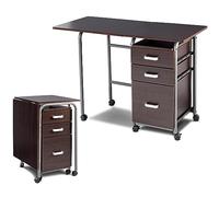 COSTWAY Bureau Pliable avec 3 Tiroirs, Table d'Écriture Roues Verrouillables, Bureau à Domicile Roulant avec Cadre en Métal, Compact pour Dortoir, Appartement (Marron)