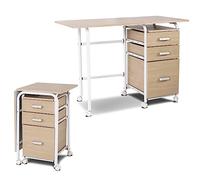 COSTWAY Bureau Pliable avec 3 Tiroirs, Table d'Écriture Roues Verrouillables, Bureau à Domicile Roulant avec Cadre en Métal, Compact pour Dortoir, Appartement (Naturel)