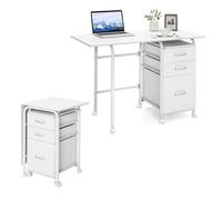 COSTWAY Bureau Pliable avec 3 Tiroirs, Table d'Ordinateur Roues Verrouillables, Bureau à Domicile Roulant avec Cadre en Métal, Compact pour Dortoir, Appartement (Blanc)