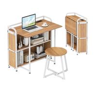 COSTWAY Bureau Pliable avec Tabouret, Ensemble de Bureau et Tabouret avec Étagères de Rangement, Prises AC, Port USB & Type-C, Gain de Place pour Salon, Chambre (Naturel)