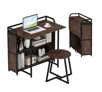 COSTWAY Bureau Pliable avec Tabouret, Ensemble de Bureau et Tabouret avec Étagères de Rangement, Prises AC, Port USB & Type-C, Gain de Place pour Salon, Chambre (Brun Rustique)