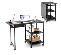 COSTWAY Bureau Pliable pour Ordinateur, Table de Travail à 3 Niveaux avec 2 Étagères de Rangement, 6 roulettes Universelles 3 Verrouillables, Compact et Peu Encombrant, Noir