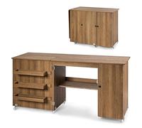 COSTWAY Bureau Pliable, Table de Couture Pliable pour Machine à Coudre, 3 Etagères pour Bobines, roulettes Universelles Verrouillables, pour Salon, Bureau, Studio, 50 x 158 x 75 cm, Naturel
