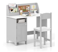 COSTWAY Bureau pour Enfants 3 Ans+ avec Chaise d’Étude, Tableau Blanc, Marqueur, Tableau d’Affichage, Bibliothèque en Bois, Gris