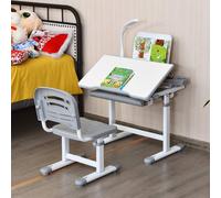 COSTWAY Bureau pour enfants réglable en hauteur Bureau d'écolier avec lampe et tiroir à inclinaison réglable Gris