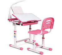 COSTWAY Bureau pour enfants réglable en hauteur, bureau d'écolier avec lampe et tiroir à inclinaison réglable, table pour enfants avec chaise Rose