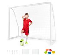 COSTWAY But de Football Exterieur, Cage de Foot avec Filet Résistant aux Intempéries et Cadre UPVC Piquets de Sol et Cônes de Football, pour Entraînement à la Maison Jardin (245 x 182 cm)