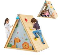 COSTWAY Cabane de Jardin Enfants avec Mur d'escalade, Maison de Jeu 2 en 1 avec Cloche en Bois de Sapin, Exterieur Intérieur, Charge 30KG, Adapté aux 2 Enfants de 3 à 8 Ans, Naturel