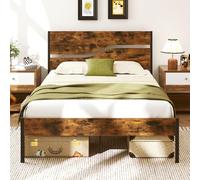 COSTWAY Cadre de Lit 140 x 200 cm avec Sommier en Métal, Lit 2 Personnes Industriel avec Tête en Bois, Espace de Rangement, Pas de Sommier Nécessaire, Montage Facile, Marron Rustique