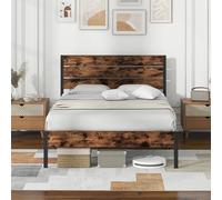 COSTWAY Cadre de Lit 140 x 200 cm avec Sommier en Métal, Lit Plateforme en Métal avec Tête Haute, Barre Silence, Style Industriel, 32 cm Espace de Rangement, Pas de Sommier Nécessaire, Marron Vintage