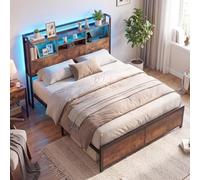 COSTWAY Cadre de Lit 140x200cm avec Sommier, Tête de Lit Bibliothèque, Support à Lattes en Métal, Rangement sous Le Lit, 2 Prises de Courant, 2 USB, 2 Poches Latérales, Assemblage Facile