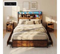 COSTWAY Cadre de Lit Double 160x200cm avec Sommier, Tête de Lit Bibliothèque, Sommier en Métal avec 4 Tiroirs Rangement, 2 Prises de Courant, 2 USB, 2 Poches Latérales, Assemblage Facile