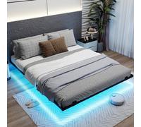 COSTWAY Cadre de Lit Flottant avec Éclairage LED, 160 x 200 cm, Lit Plateforme Métallique 2 Personnes avec Port USB & Télécommande, Support à Lattes Robuste, sans Sommier, Montage Facile, Noir