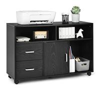 COSTWAY Caisson Bureau 2 Tiroirs, Meuble Rangement Bureau avec Placard, 3 Compartiments, Placard, 5 Roues, Caisson Rangement pour Papier, Document, Lettre, 100 x 35 x 66 cm, Noir