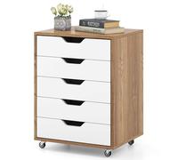 COSTWAY Caisson Bureau 5 Tiroirs, Caisson de Rangement à Roulette avec Poignée, Caisson Rangement pour A4, Lettre, 2 Roues avec Frein, 49 x 40 x 65 cm, Blanc Naturel