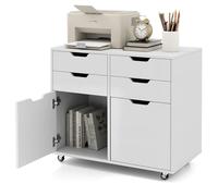 COSTWAY Caisson Bureau à Roulettes 4 Tiroirs, Caisson de Rangement pour A4, Lettre, 2 Grands Placards, Support d'Imprimante 5 Roues, 73 x 40 x 64,5 cm, Blanc (Blanc)