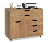 COSTWAY Caisson Bureau à roulettes 5 Tiroirs, Étagère Réglable, Caisson de Rangement pour A4, Lettre, Grand Placard, Support Imprimante 5 Roues avec 2 Frein (Naturel,77,5 x 40 x 64 cm)