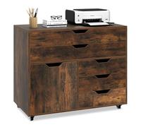 COSTWAY Caisson Bureau à roulettes 5 Tiroirs, Étagère Réglable, Caisson de Rangement pour A4, Lettre, Grand Placard, Support Imprimante 5 Roues avec 2 Frein (Marron Rustique,77,5 x 40 x 64 cm)