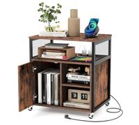 COSTWAY Caisson Bureau avec Station de Charge, Petit Meuble de Rangement à Roulette, Armoire Verrouillable, Etagères Réglables, 2 Prises,1 USB,1 Type-C, Meuble Imprimante (Marron Rustique)