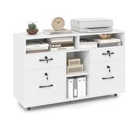 COSTWAY Caisson Bureau, Meuble Tiroir Bureau à Roulette, 4 Tiroirs Verrouillables avec 8 Clés, Barre de Suspension Réglables pour Dossiers Suspendus au A4 Lettre, pour Imprimante, Document (Blanc)