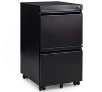 COSTWAY Caisson de Bureau sur Roulette avec Frein, 2 Tiroirs Verrouillable, Métal, Dossier Suspendu A4, Casier sur Roulette pour Fichier, Document, Imprimante, Noir