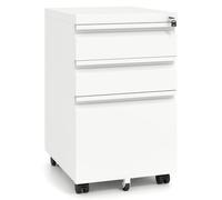 COSTWAY Caisson de Bureau sur Roulette avec Frein, 3 Tiroirs Verrouillable, Métal, Meuble Dossier Suspendu A4 Lettre Legal, Casier sur Roulette pour Fichier, Document, Imprimante, Blanc