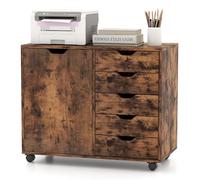 COSTWAY Caisson de Rangement à roulettes 5 Tiroirs, Placard avec Étagère Réglable, Caisson Bureau avec Poignée Incurvée, Support d'Imprimante 5 Roues avec 2 Frein (Marron rustique)