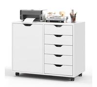 COSTWAY Caisson de Rangement à roulettes 5 Tiroirs, Placard avec Étagère Réglable, Caisson Bureau Blanc avec Poignée Incurvée, Support d'Imprimante 5 Roues avec 2 Frein, 78 x 40 x 65 cm