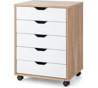 COSTWAY Caisson Mobile et Vertical à Roulettes avec 5 Tiroirs, Poignée Incurvée et 2 Roues avec Frein, 49,5 x 42 x 67 cm, Nature