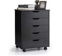 Costway Caisson Mobile Et Vertical À Roulettes Avec 5 Tiroirs, Poignée Incurvée Et 2 Roues Avec Frein, 49,5 X 42 X 67 Cm, Noir Blanc