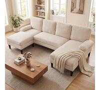 COSTWAY Canapé d'angle 4 Places en U avec 2 Chaise Longue, Grand Canapé 4 Places Rembourrés, Modulable, Tissu en Velours Côtelé/Chenille Doux, 4 Coussins, Moderne, 258 x 125 x 71,5 cm (Beige)