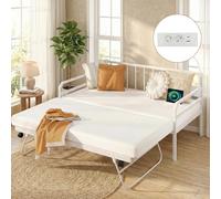 COSTWAY Canapé Lit 90 x200 cm avec Éclairage LED, Lit Banquette Gigogne en Métal avec Multiprise et Prise USB, Lattes Résistantes, pour Salon, Chambre, Appartement (Blanc)